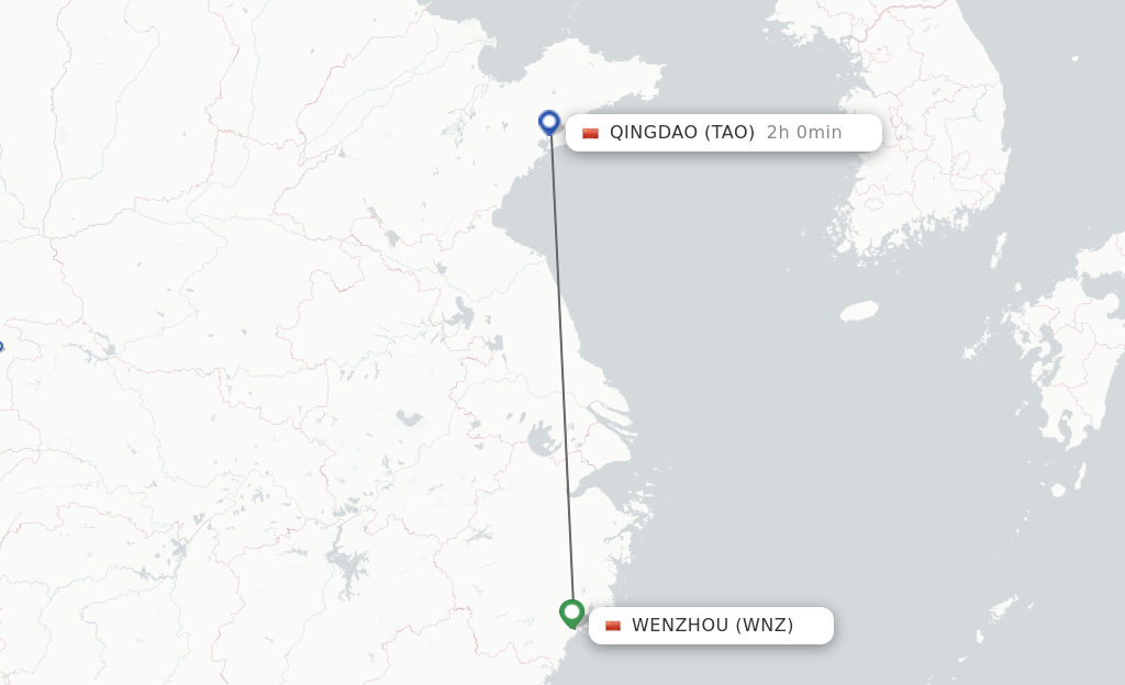 Flights from Wenzhou to Qingdao route map