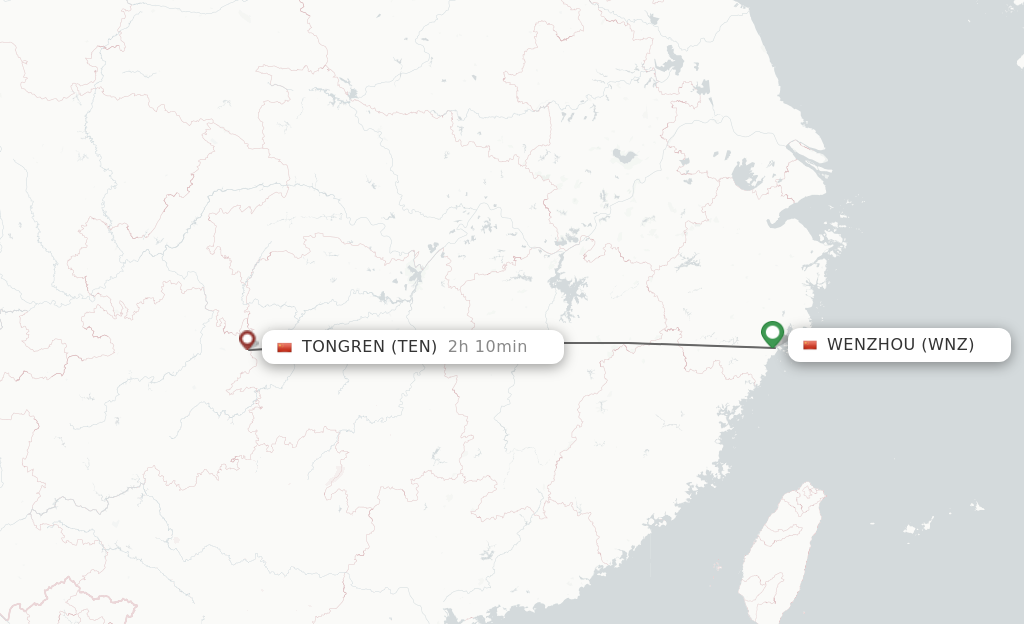 Flights from Tongren to Wenzhou route map