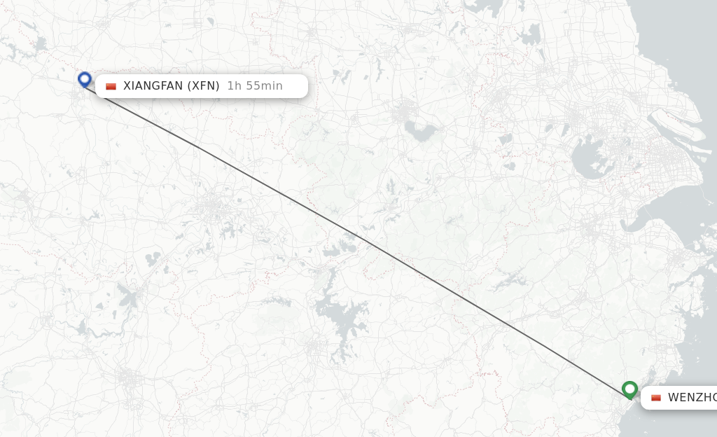 Flights from Wenzhou to Xiangyang route map