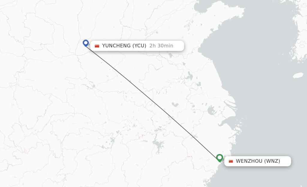 Flights from Wenzhou to Yuncheng route map