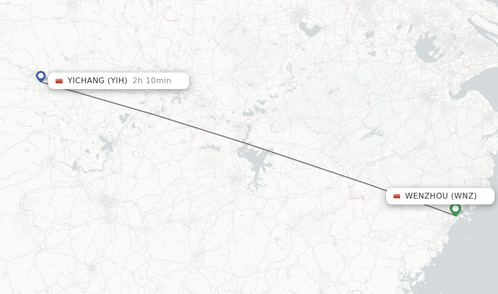 Flights from Wenzhou to Yichang route map