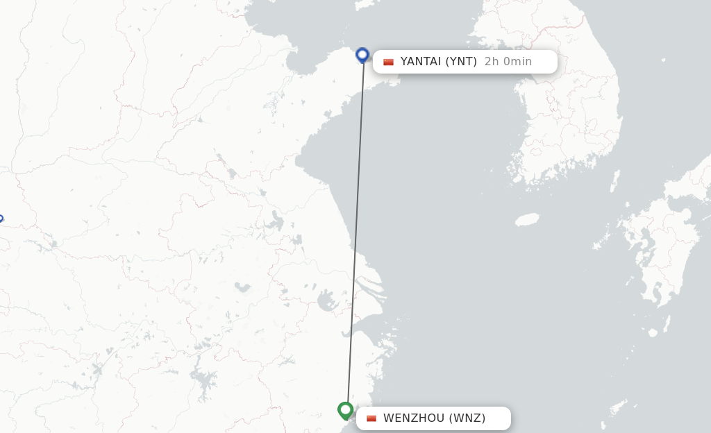 Flights from Wenzhou to Yantai route map
