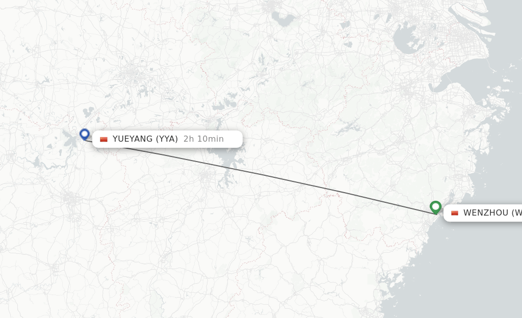Flights from Wenzhou to Yueyang route map