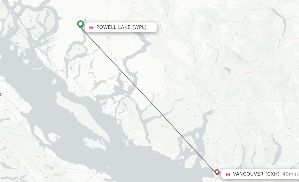 Flights from Powell Lake to Vancouver route map
