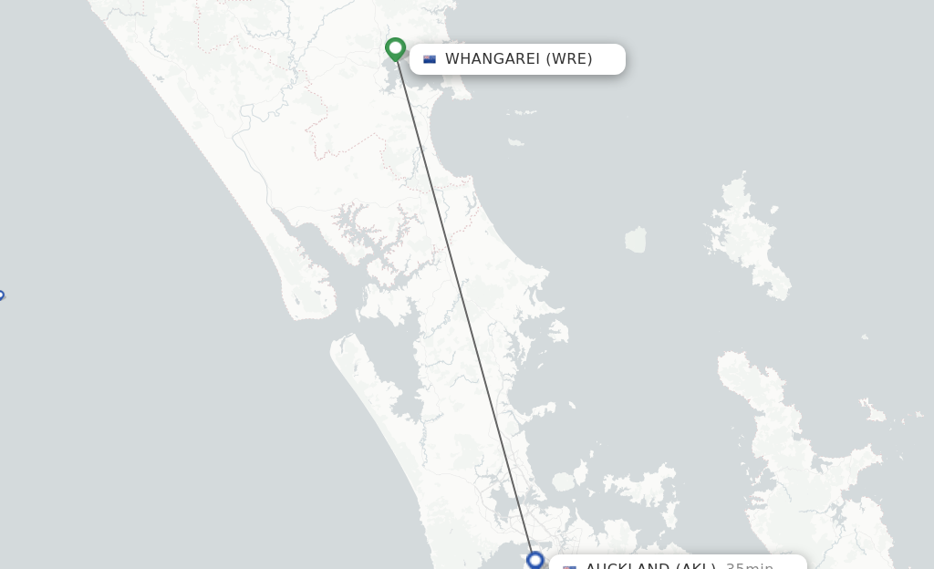 Flights from Whangarei to Auckland route map