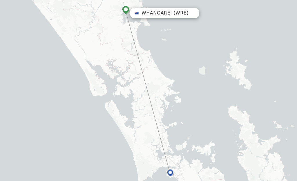 Route map with flights from Whangarei with Air New Zealand