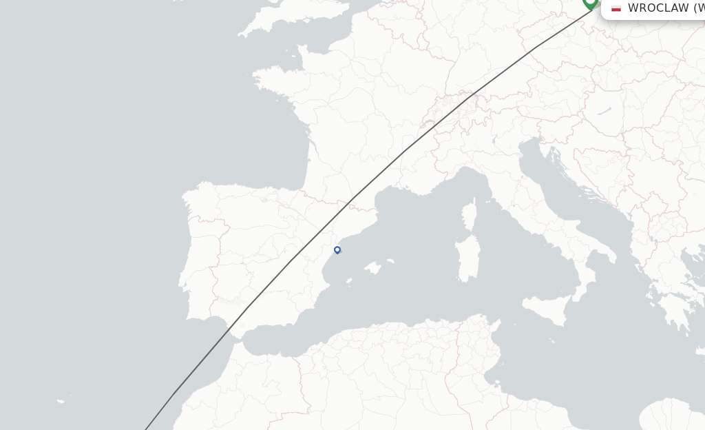 Flights from Wroclaw to Lanzarote route map