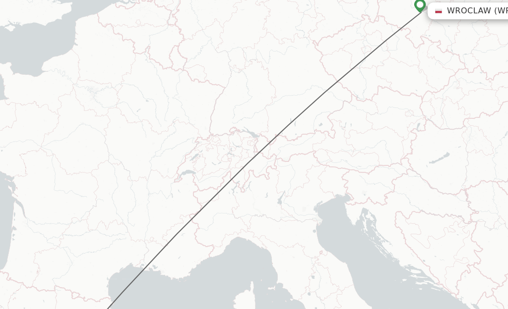 Flights from Wroclaw to Barcelona route map