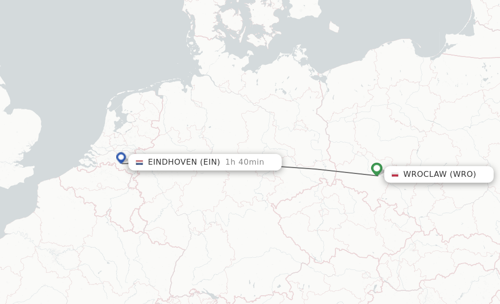 Flights from Wroclaw to Eindhoven route map