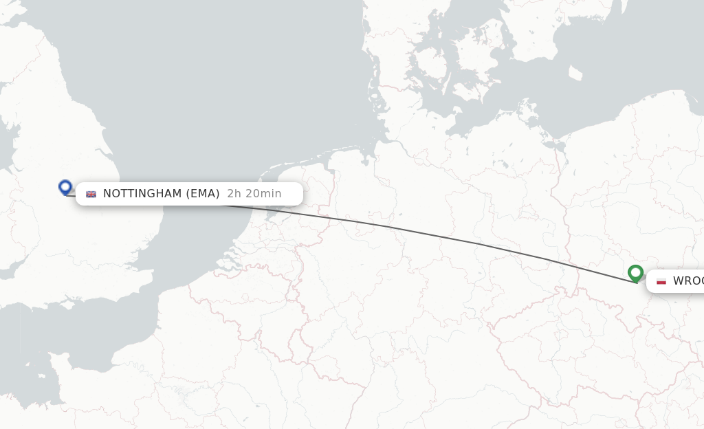 Flights from Wroclaw to Leicestershire route map