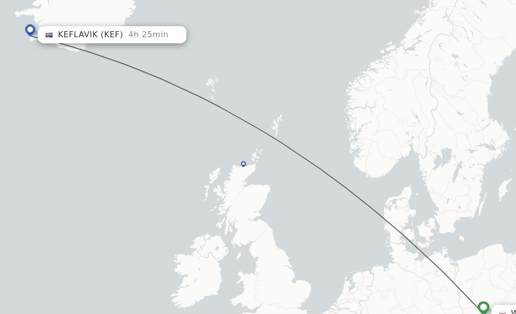Flights from Wroclaw to Keflavik route map