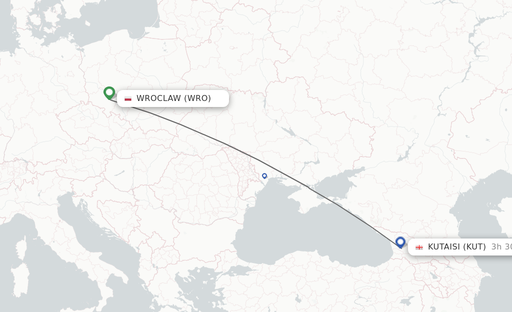Flights from Wroclaw to Kutaisi route map