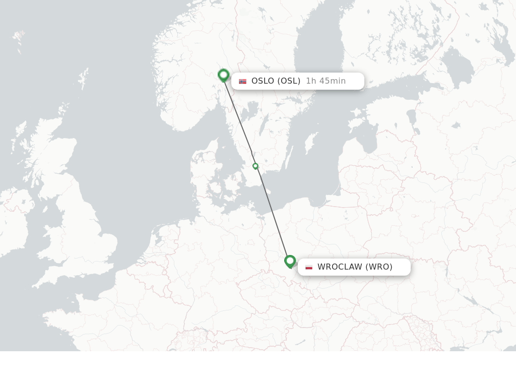 Flights from Wroclaw to Oslo route map