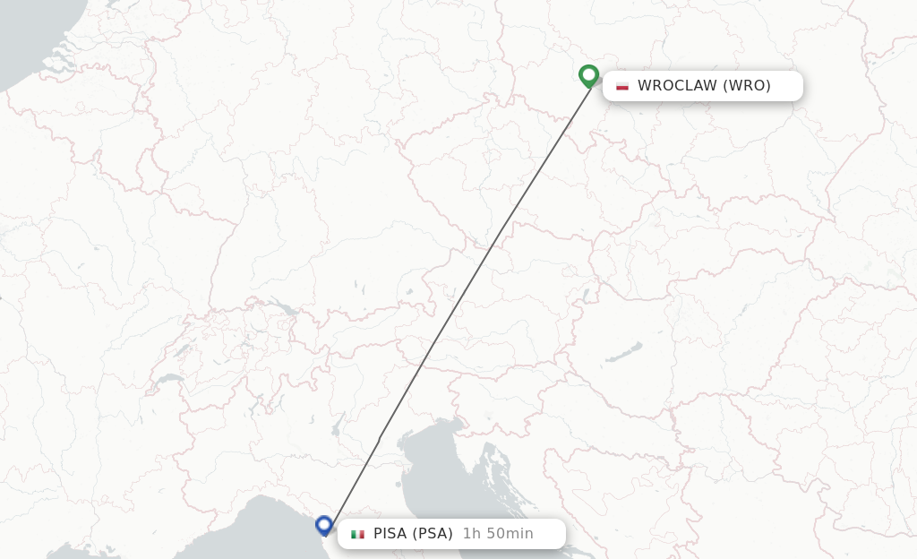 Flights from Wroclaw to Pisa route map