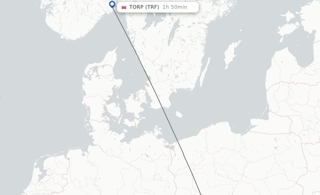 Flights from Wroclaw to Torp route map