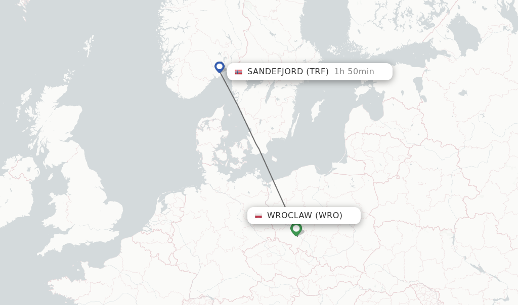 Flights from Wroclaw to Sandefjord route map