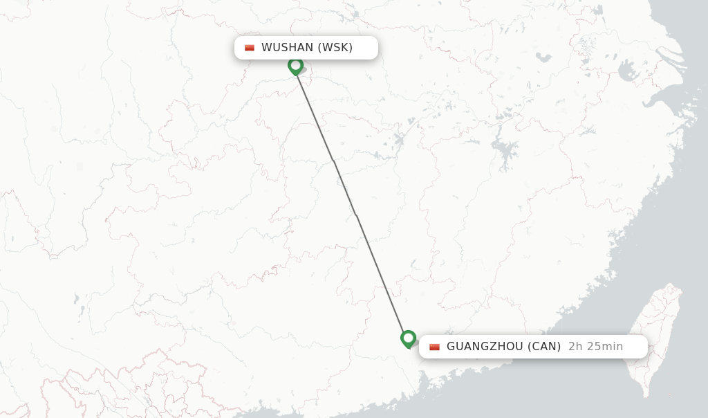 Flights from Wushan to Guangzhou route map