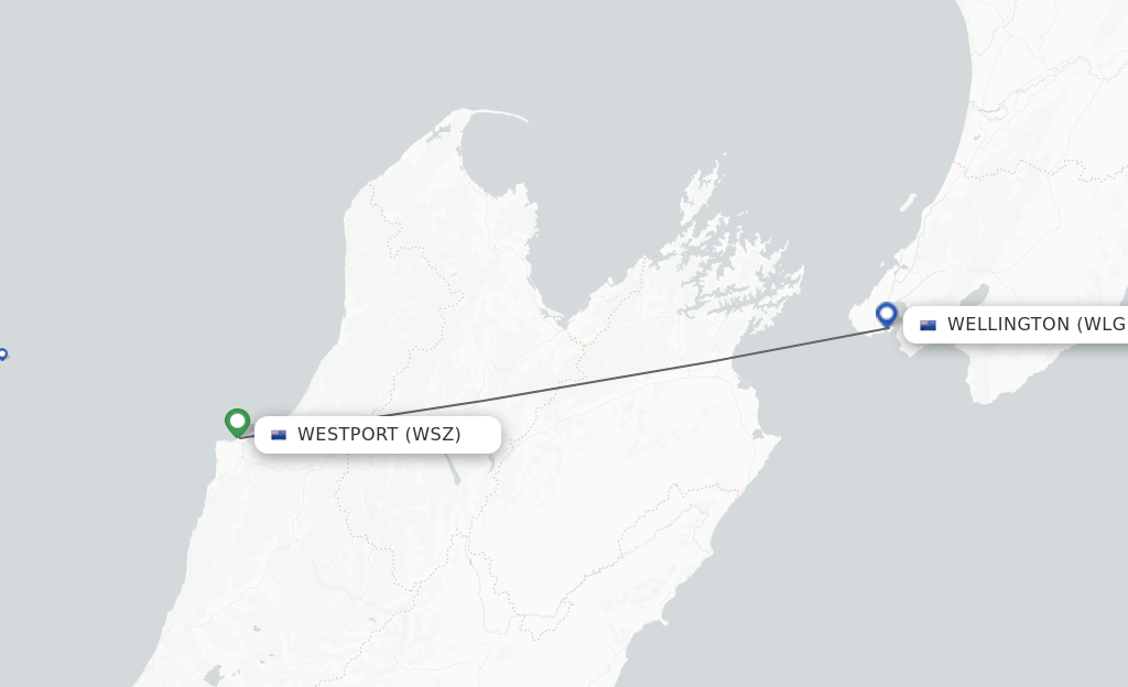 Flights from Westport to Wellington route map