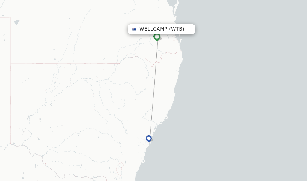 Route map with flights from Wellcamp with Qantas