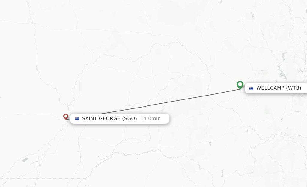 Flights from Wellcamp to Saint George route map