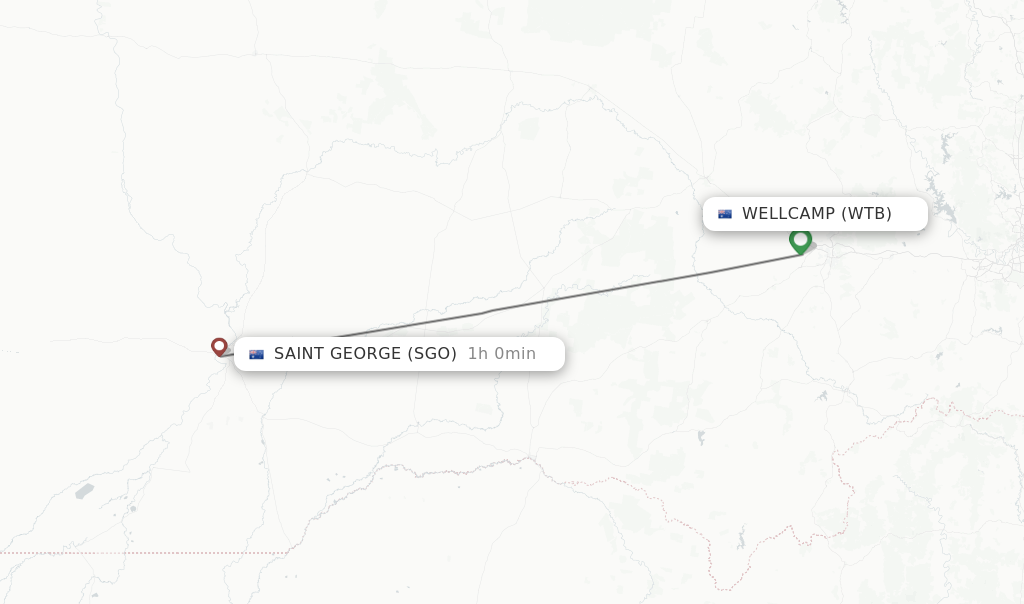 Flights from Wellcamp to Saint George route map