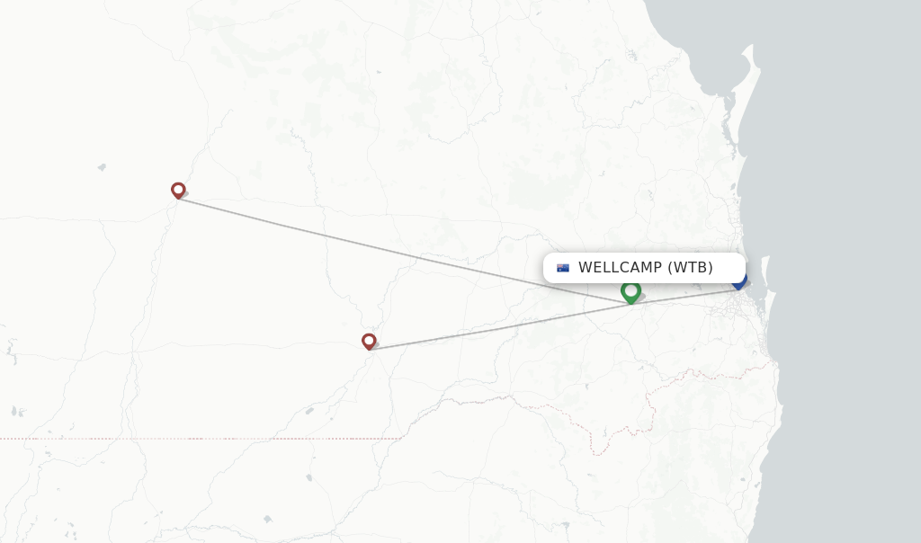 Route map with flights from Wellcamp with Rex