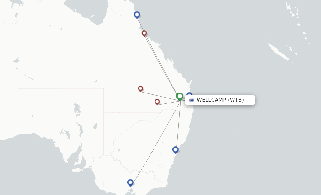 Flights from Wellcamp to Melbourne route map