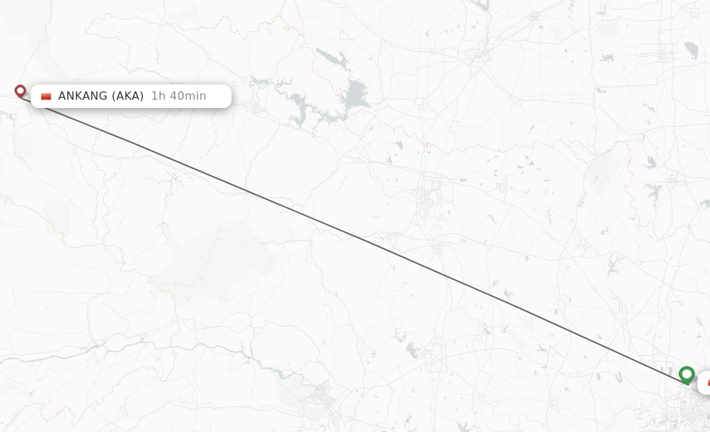Flights from Wuhan to Ankang route map