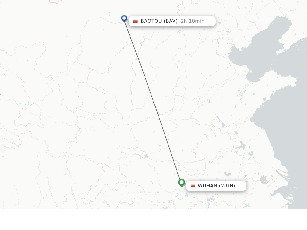 Flights from Wuhan to Baotou route map
