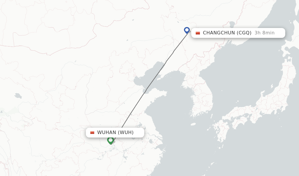 Flights from Wuhan to Changchun route map