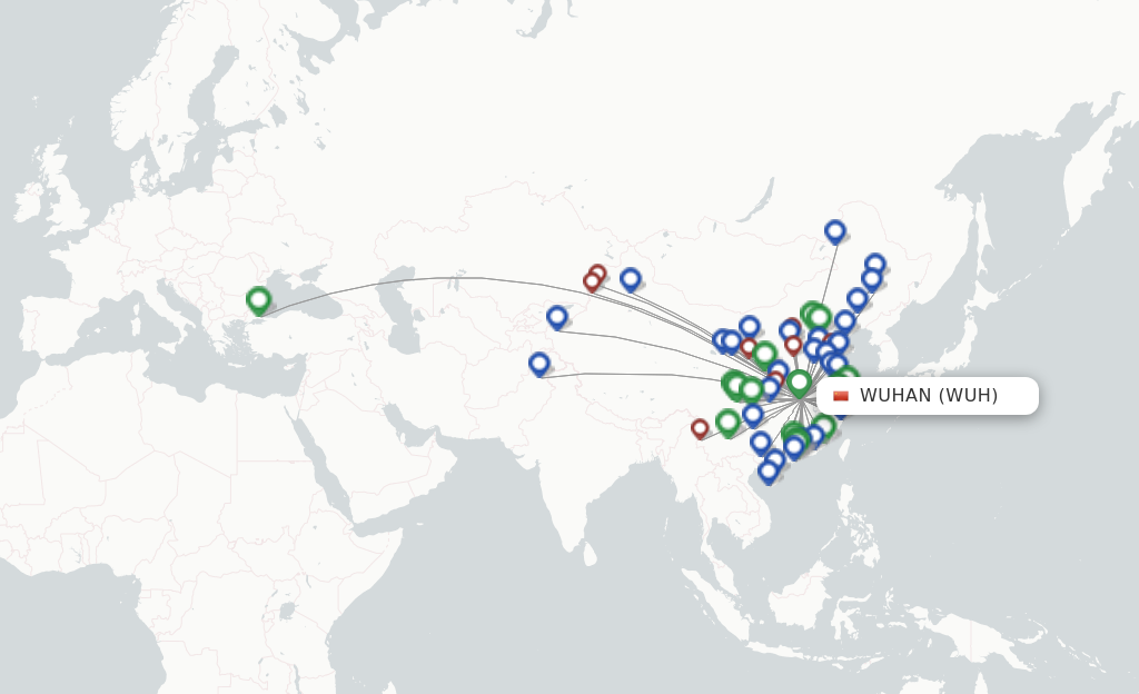 Route map with flights from Wuhan with China Southern Airlines