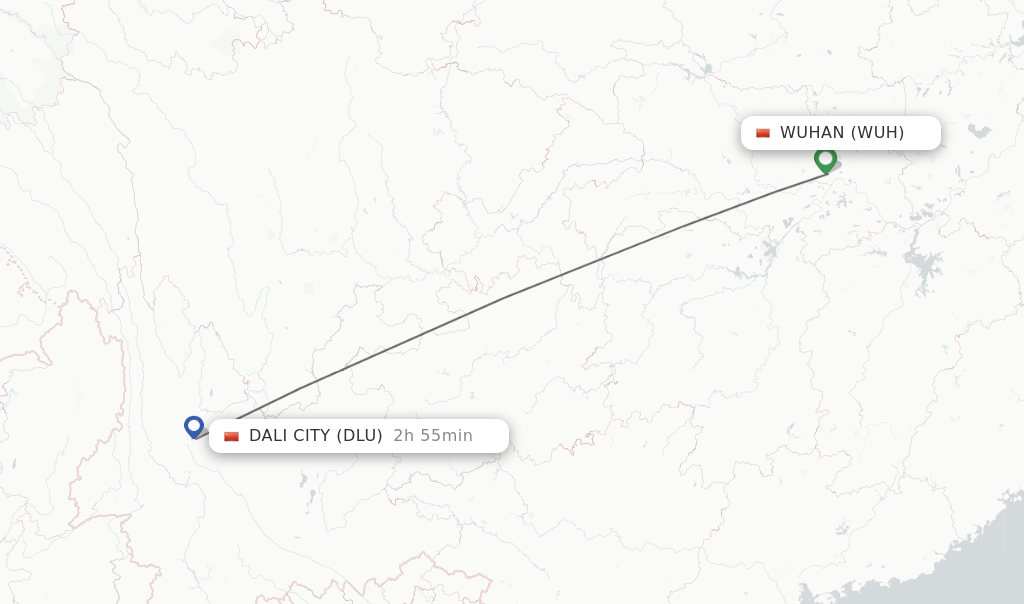 Flights from Wuhan to Dali City route map