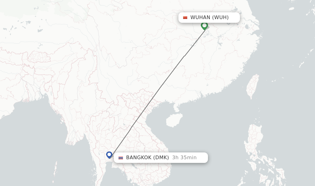 Flights from Wuhan to Bangkok route map