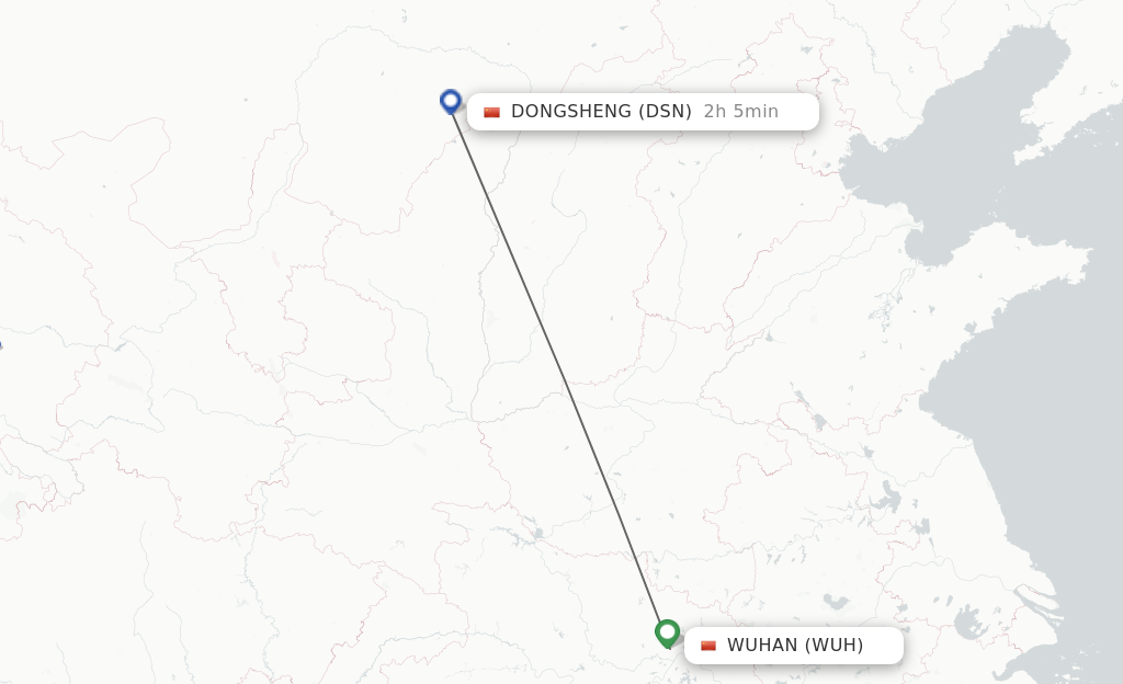 Flights from Wuhan to Dongsheng route map