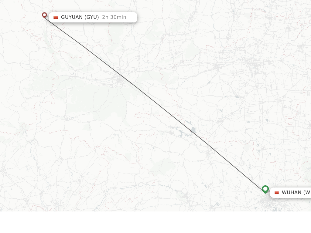Flights from Wuhan to Guyuan route map
