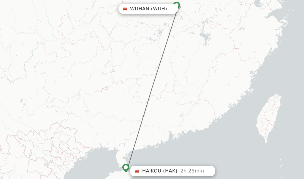 Flights from Wuhan to Haikou route map