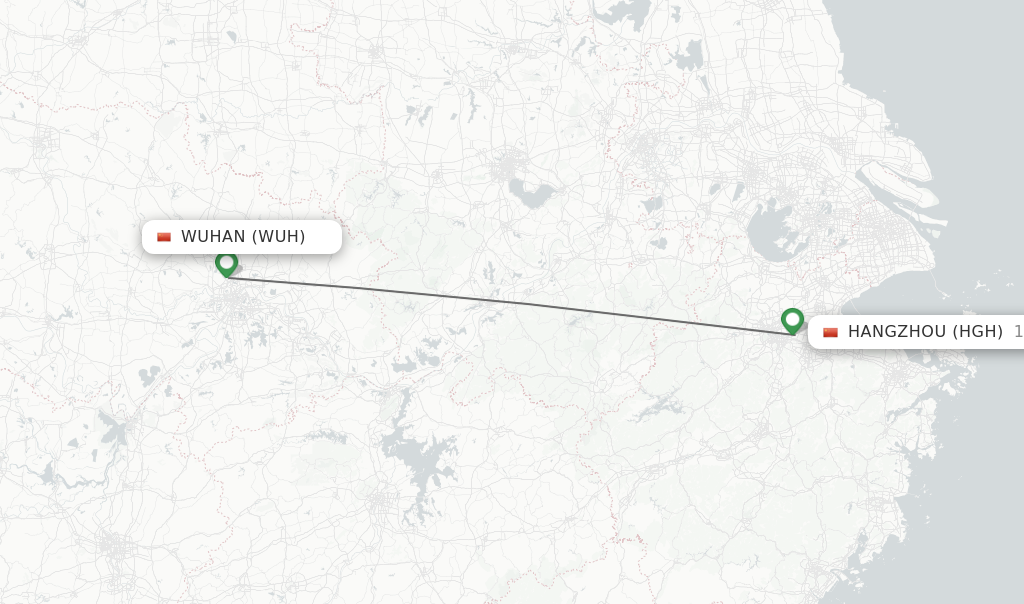 Flights from Wuhan to Hangzhou route map