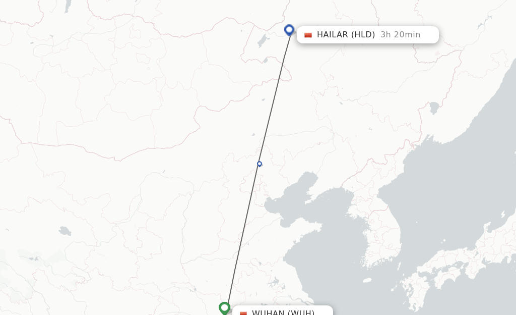 Flights from Wuhan to Hailar route map