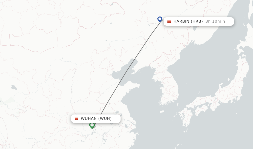 Flights from Wuhan to Harbin route map