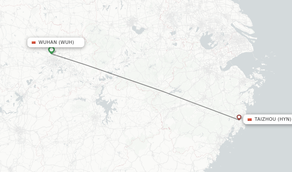 Flights from Wuhan to Taizhou route map