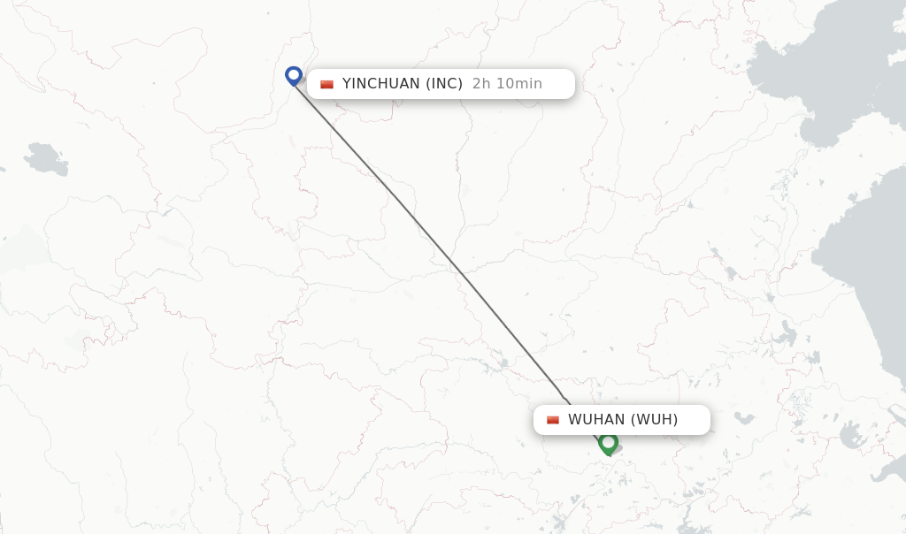 Flights from Wuhan to Yinchuan route map