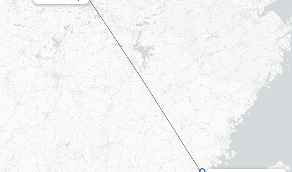 Flights from Wuhan to Jinjiang route map