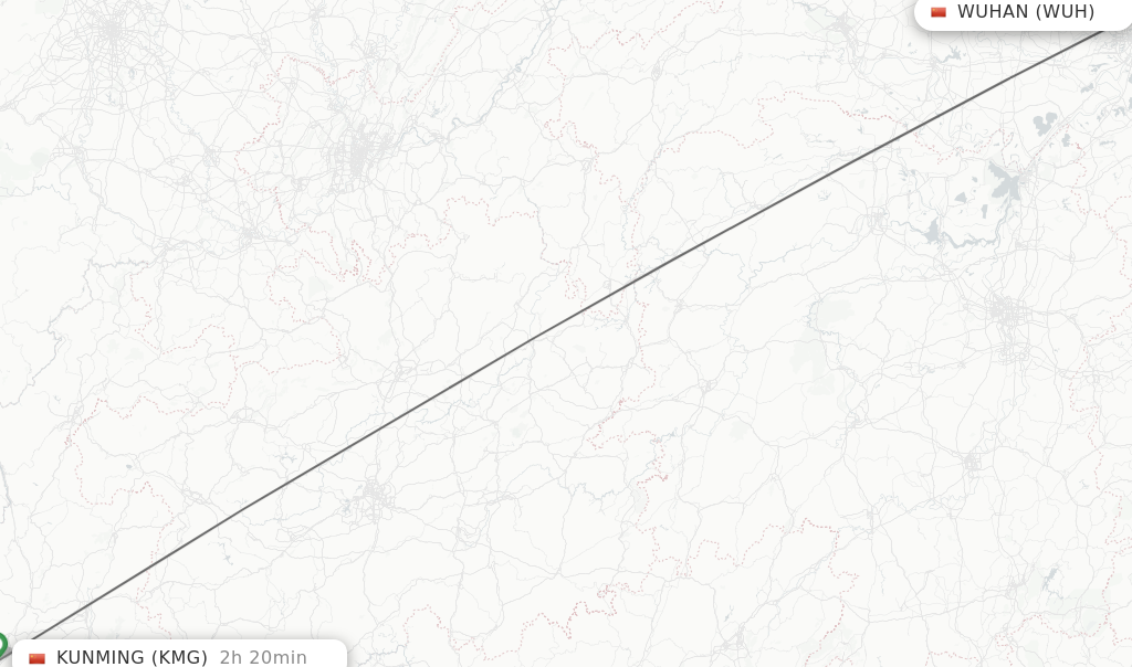 Flights from Wuhan to Kunming route map