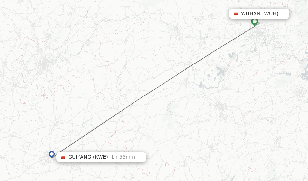 Flights from Wuhan to Guiyang route map