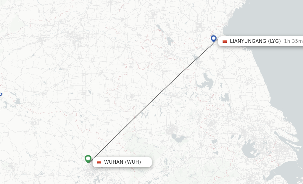 Flights from Wuhan to Lianyungang route map