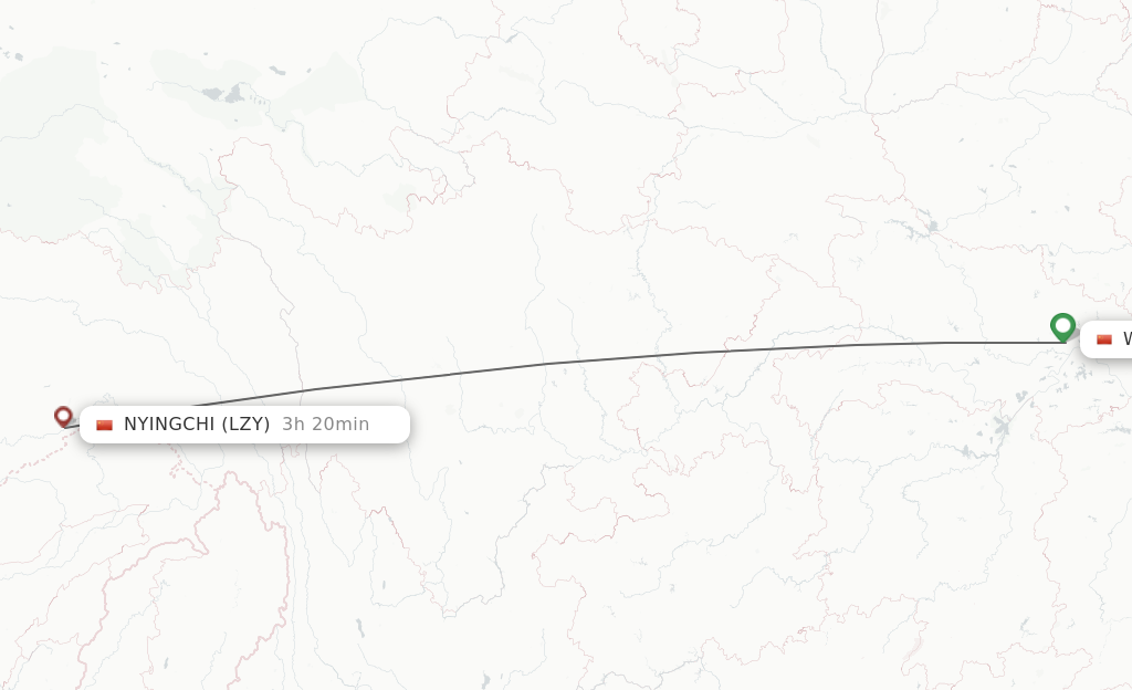 Flights from Wuhan to Nyingchi route map