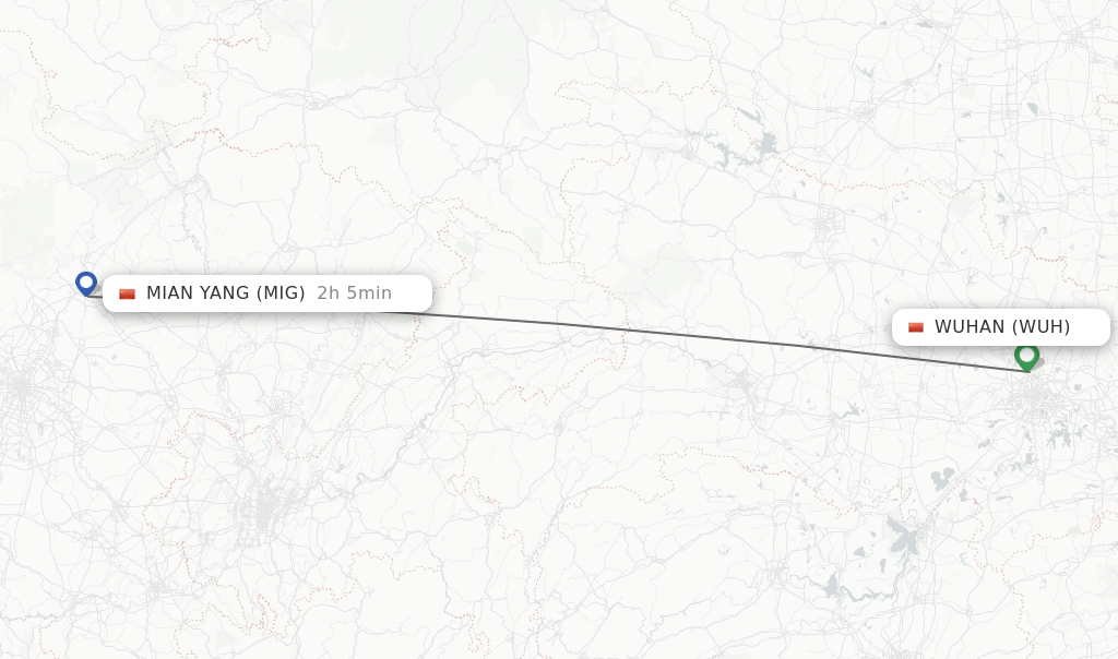 Flights from Wuhan to Mian Yang route map