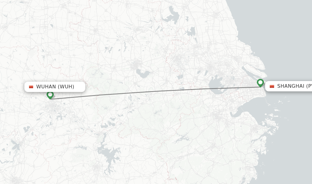 Flights from Wuhan to Shanghai route map