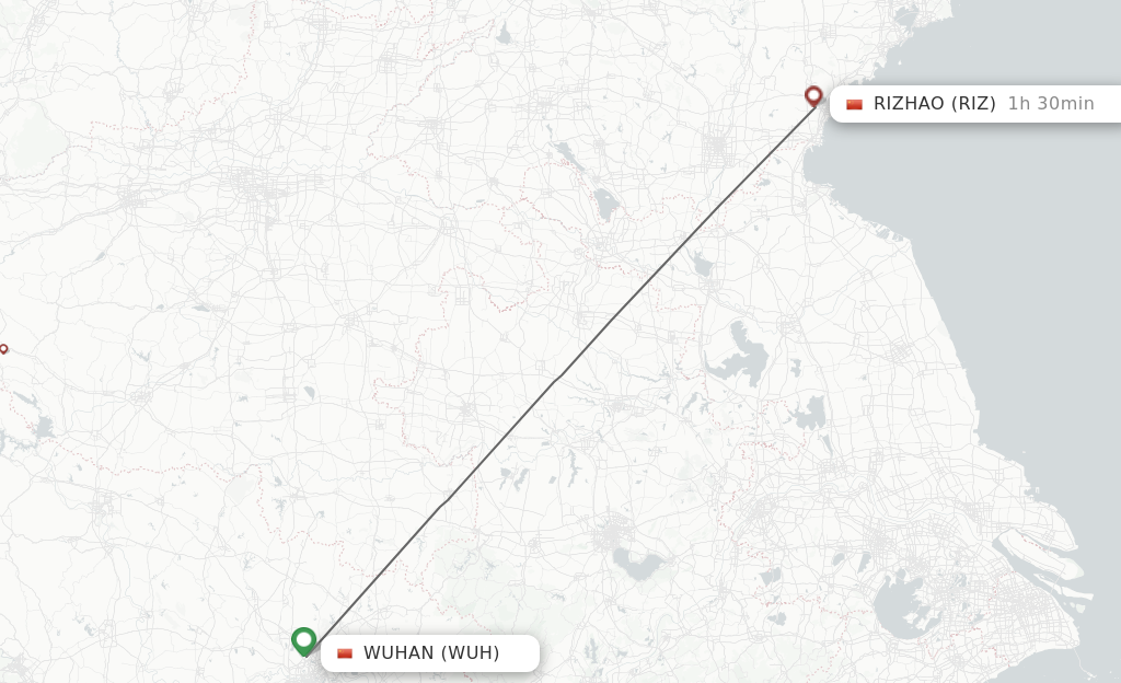 Flights from Wuhan to Rizhao route map