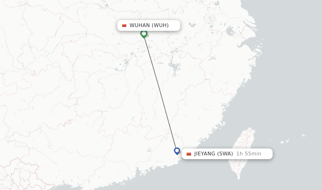 Flights from Wuhan to Jieyang route map